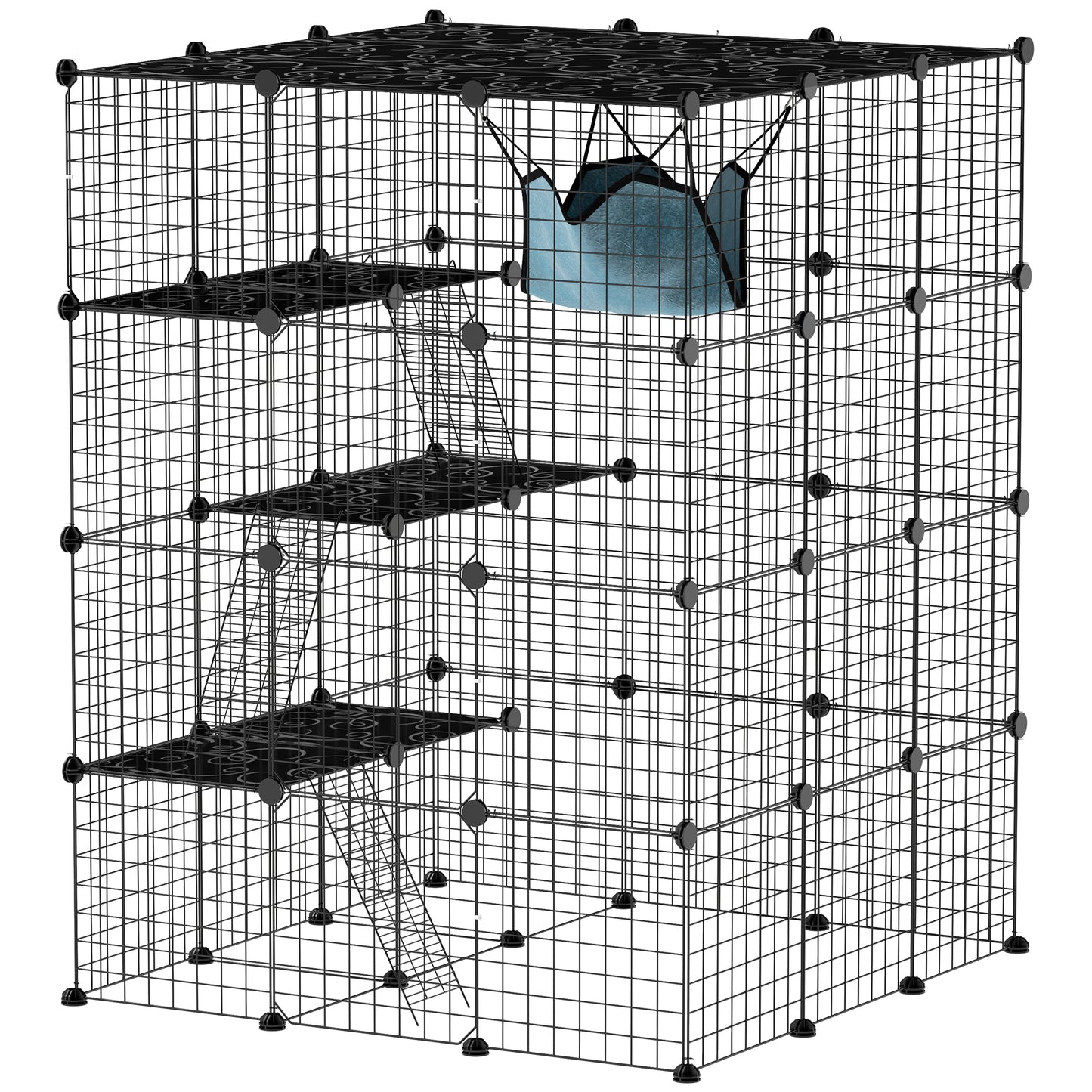 Modulaire Binnenren – Konijnenren – Kleine Dierenkooi – Binnenkooi – Huisdierenren – Zwart Metalen Draadwerk – 4 Niveaus en 1,1 m² Speelruimte
