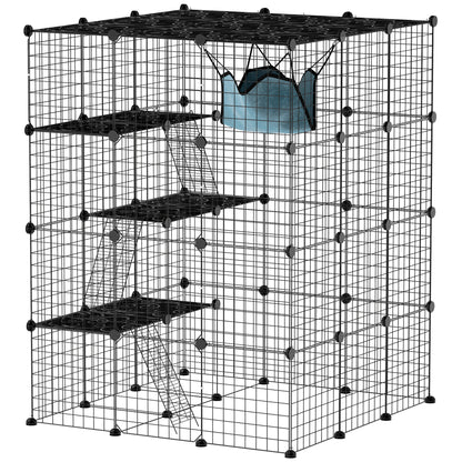 Modulaire Binnenren – Konijnenren – Kleine Dierenkooi – Binnenkooi – Huisdierenren – Zwart Metalen Draadwerk – 4 Niveaus en 1,1 m² Speelruimte