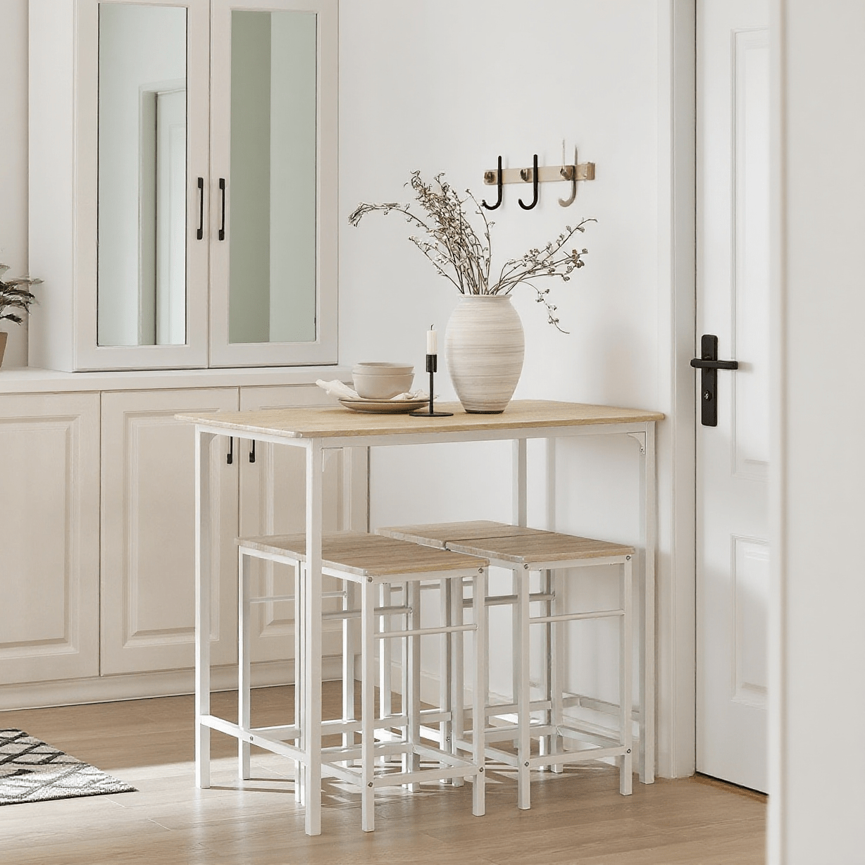 Bartafel – Barset – Keukentafel – Bistrotafel – Eettafel – MDF Met Houtfineer – Inclusief 4 Krukken – Compact Ruimtebesparend Design