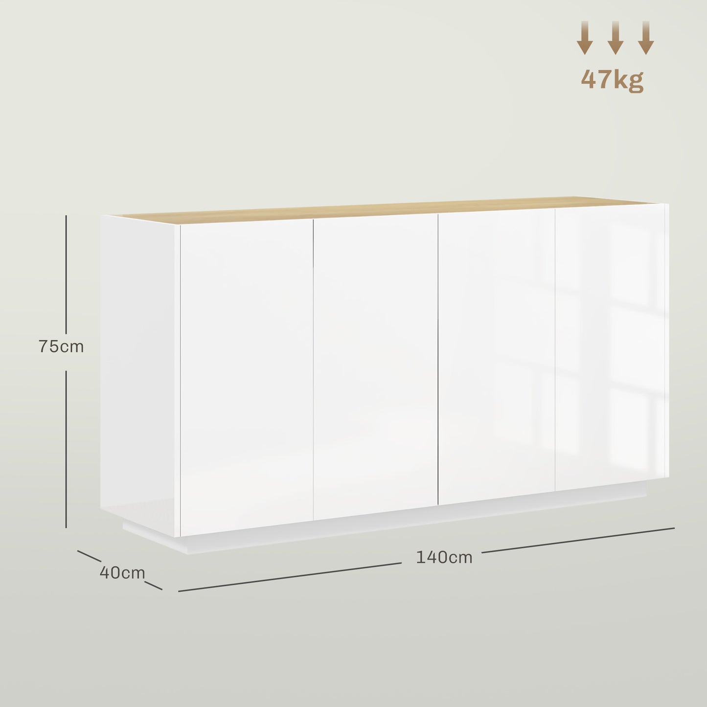 Buffetkastje – Opbergkast – Dressoir – Kast – Wandkast – Witte Lakafwerking – 4 Soft-Close Deuren – Verstelbare Planken – 140 x 40 x 75 cm