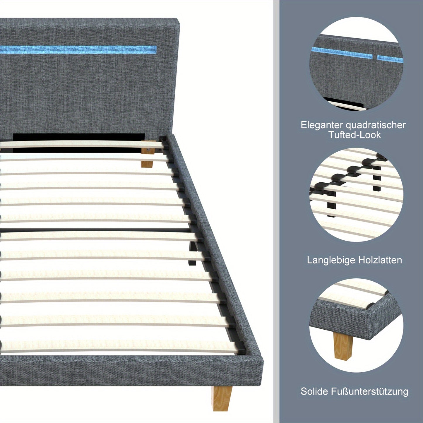 Bedframe – Tweepersoonsbed – Platformbed – Ledikant – Slaapkamerbed – 90x200 cm – Stijlvolle Donkergrijze Bekleding – Stevige Constructie Met Opbergruimte Onderbed