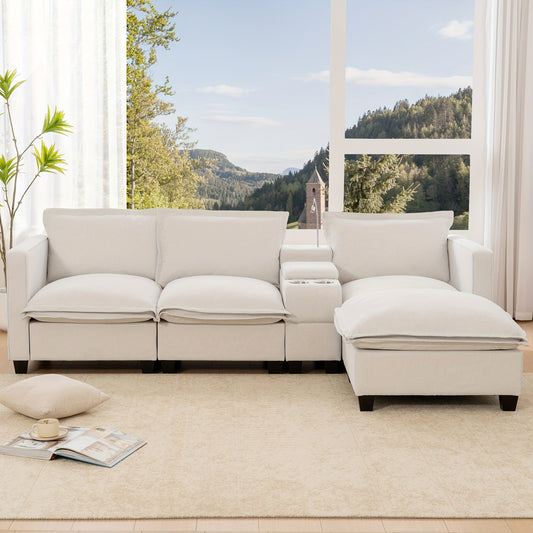 Contemporary 3-Seater Chenille Sofa with Storage, Reading Lamp & Cup Holder - Beige, Multi-Functional with Footstool, Easy Assembly, No Power Needed for Living Room, Home & More, Sofa Cama, Home Relaxation, Modern Seating, Easyclean Material, Furniture, S