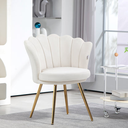 Velvet Stoel – Fauteuil – Eetkamerstoel – Woonkamerstoel – Slaapkamerstoel – Creme Kleur – Gouden Metalen Poten – Zacht Polyester Bekleed – Compacte Afmetingen 67x64x77 cm