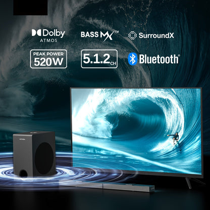 Soundbar – Dolby Atmos Soundbar – Home Cinema Systeem – Surround Soundbar – Draadloze Subwoofer – 5.1.2 Kanaals Soundbar – Diepe Krachtige Bas – 4K HDR Passthrough