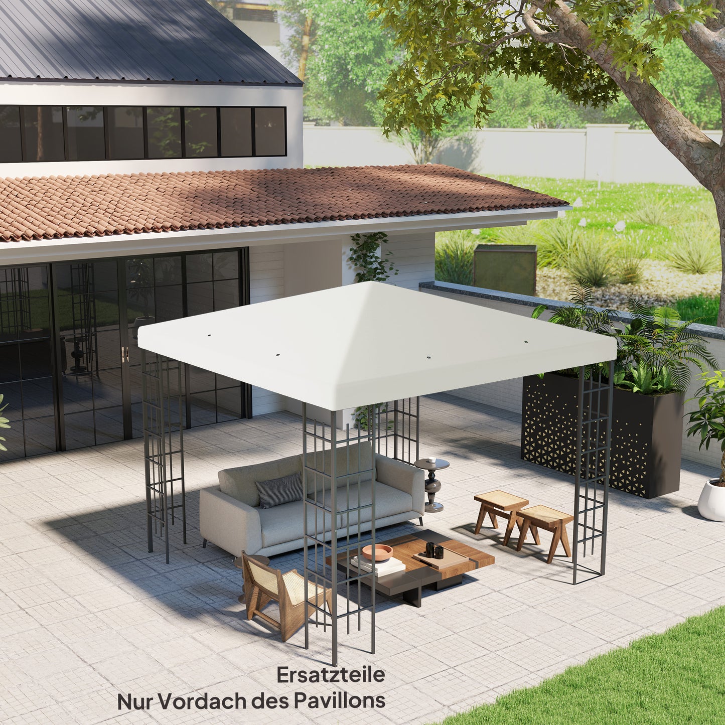 Vervangend Dak Tuinpaviljoen – Paviljoendak – Tuindak – Dakzeil – Overkapping Dak – Lichtgrijs – 3 x 3 Meter – Waterafvoer Met Drainageopeningen – UPF30+ Zonwerend