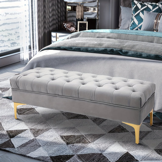 Bankje – Zitbank – Poef – Hocker – Velvet Gestoffeerd – Lichtgrijs – Gouden Metalen Poten – 118x45x42 cm – Zachte Comfortabele Zitting