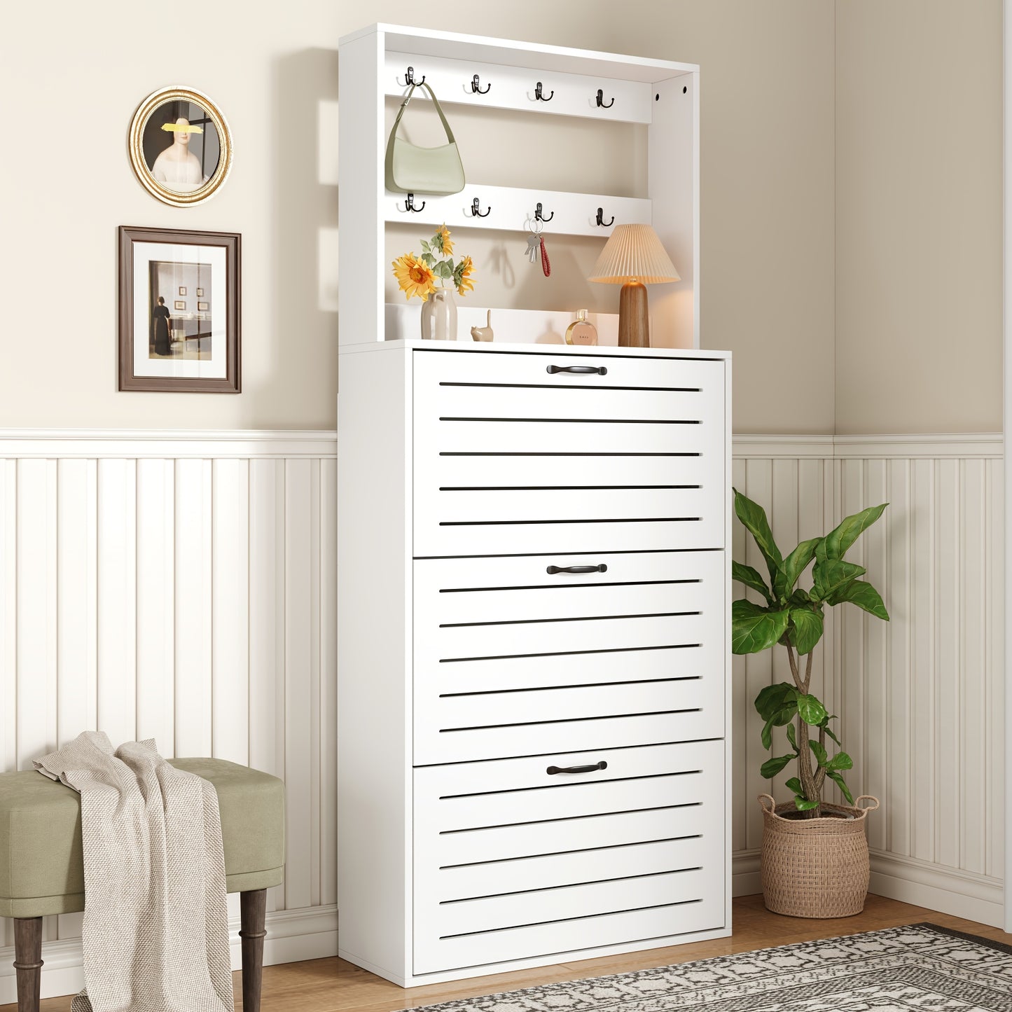 Haltafel – Sidetable – Wandtafel – Bijzettafel – Opbergkast – Wit – Verticale Ruimtebesparende Opberger – 3 Flipdeuren Met 8 Haken – 3,2+ Kubieke Voet Opbergruimte