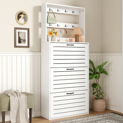 Haltafel – Sidetable – Wandtafel – Bijzettafel – Opbergkast – Wit – Verticale Ruimtebesparende Opberger – 3 Flipdeuren Met 8 Haken – 3,2+ Kubieke Voet Opbergruimte
