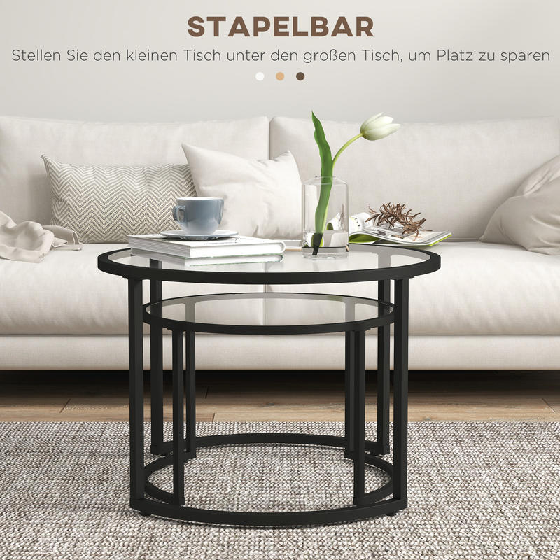 Bijzettafel – Salontafel – Tafelset – Stapelbare Tafels – Glazen Tafels – Zwart Metalen Frame – Compact & Onderhoudsvriendelijk Glas