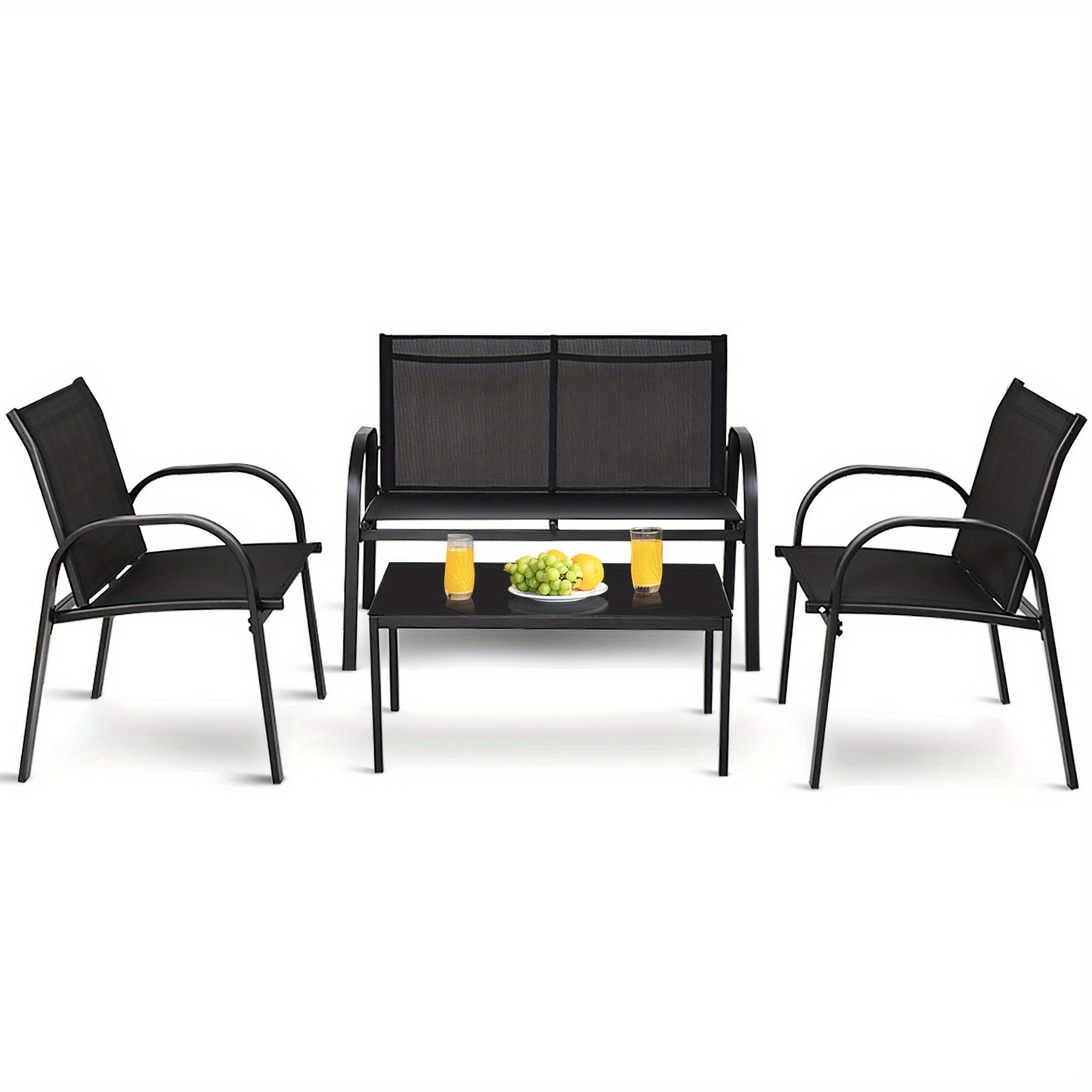 4-delige Loungeset Buiten – Tuinmeubelset – Patio Set – Balkonmeubilair – Outdoor Sofa Set – Duurzaam Metalen Frame – Ademend Zwart Textiel – Inclusief Glazen Salontafel 80 cm