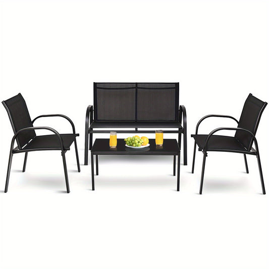 4-delige Loungeset Buiten – Tuinmeubelset – Patio Set – Balkonmeubilair – Outdoor Sofa Set – Duurzaam Metalen Frame – Ademend Zwart Textiel – Inclusief Glazen Salontafel 80 cm