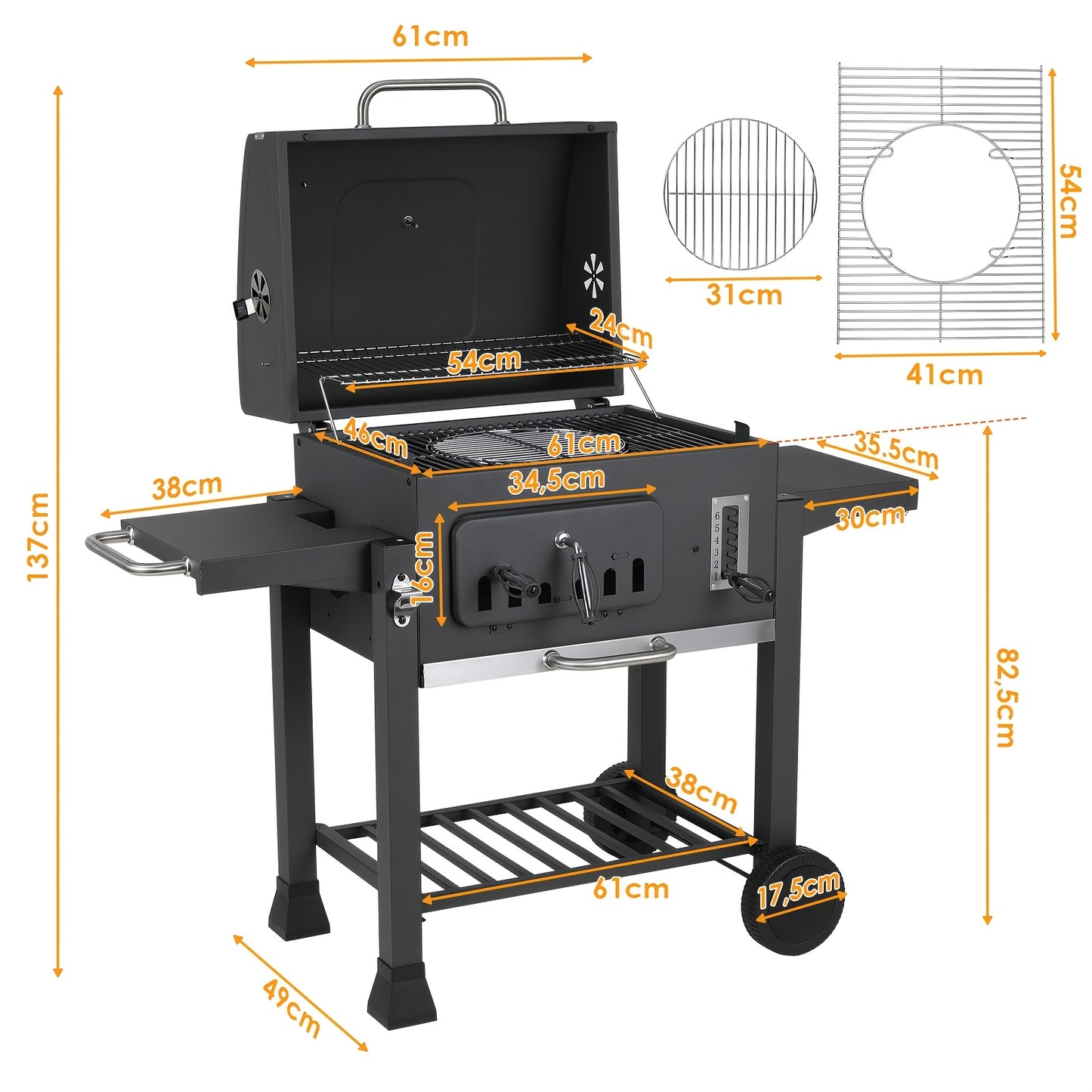 Houtskoolbarbecue – BBQ – Smoker – Kamado – Kogelbarbecue – Groot Grilloppervlak 54x41 cm – Met Deksel en Thermometer – Stevige Kar met Wieltjes – Metaal Grijs