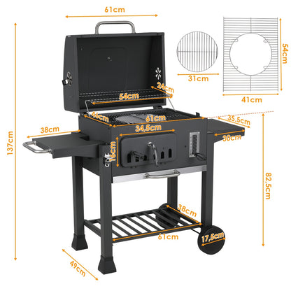Houtskoolbarbecue – BBQ – Smoker – Kamado – Kogelbarbecue – Groot Grilloppervlak 54x41 cm – Met Deksel en Thermometer – Stevige Kar met Wieltjes – Metaal Grijs
