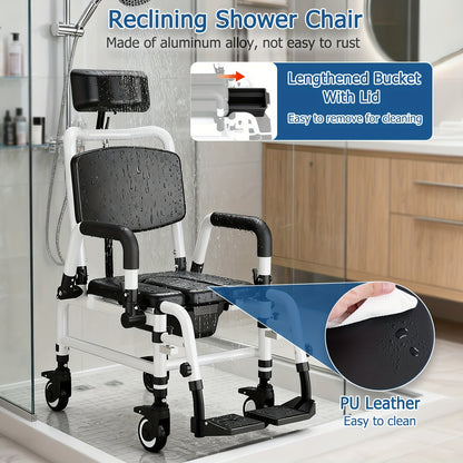 Douchestoel – Douchestoel Met Wielen – Douchekruk – Mobiele Douchestoel – Recliner Douchestoel – Aluminium Frame – Verstelbare Rugleuning & Hoofdsteun – Zwart