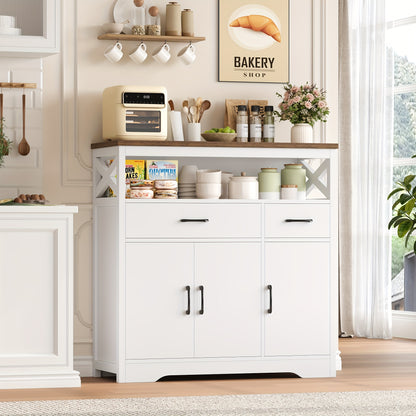 Kealive Modern White & Brown Wood Kitchen Cabinet with 2 Drawers & 3 Doors - Adjustable Shelves, -Standing Storage Cupboard, Space-Saving Design for Small Spaces, Hallway, Dining Room - Particleboard/ (Easy Assembly