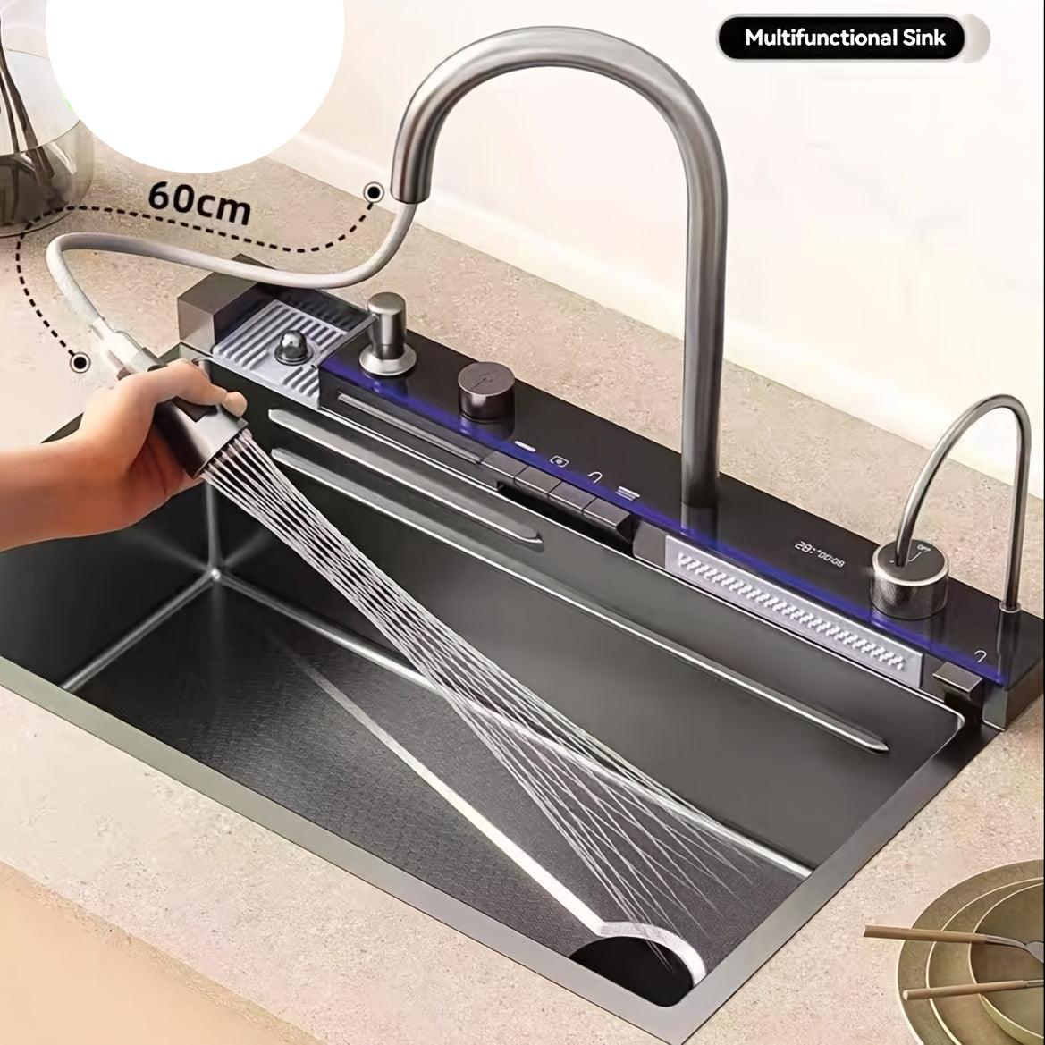 Keukenspoelbak – Spoelbak – Spoelbak RVS – Enkele Bak – Inbouw Spoelbak – Gunmetal Grijs – Grote Enkele Bak 68x45x22 cm – Honingraat Nano Coating & Waterval Afvoer