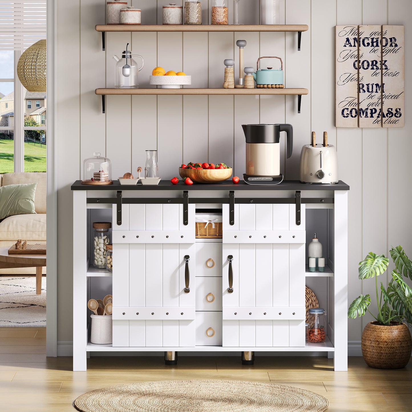 Buffetkastje – Buffetkast – Dressoir – Opbergkast – Sideboard – Wit Met Houten Accenten – 120x40x80 cm – MDF – Schuifdeuren En 3 Lades