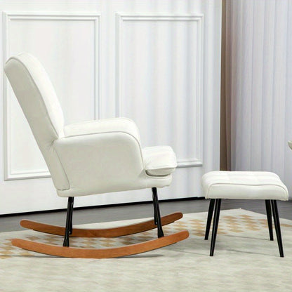 Draaifauteuil – Lounge Stoel – Relaxstoel – Schommelstoel – Fauteuil Met Voetenbank – Ergonomisch Design – Wit Zwart Hardhout & Metaal