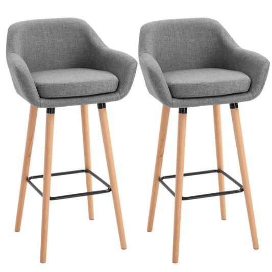 Barstoel – Barkruk – Kruk – Barstoel Met Rugleuning – Barkruk Met Armleuningen – Scandinavisch Design – Comfortabel Linnen Zitting – Stevig Houten Onderstel Lichtgrijs