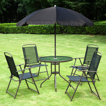 Tuinset – Bistro Set – Loungeset – Tuinmeubel – Balkonset – Zwart – 6-Delig Met Parasol – Epoxy Staal En Textilene – Geharde Glazen Tafelblad