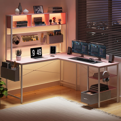 L-vormig Bureau – Hoekbureau – Werkplek Bureau – Gaming Bureau – Study Desk – Modern Metaal – Opbergruimte Met Hangbord – Compact Ruimtebesparend – Wit