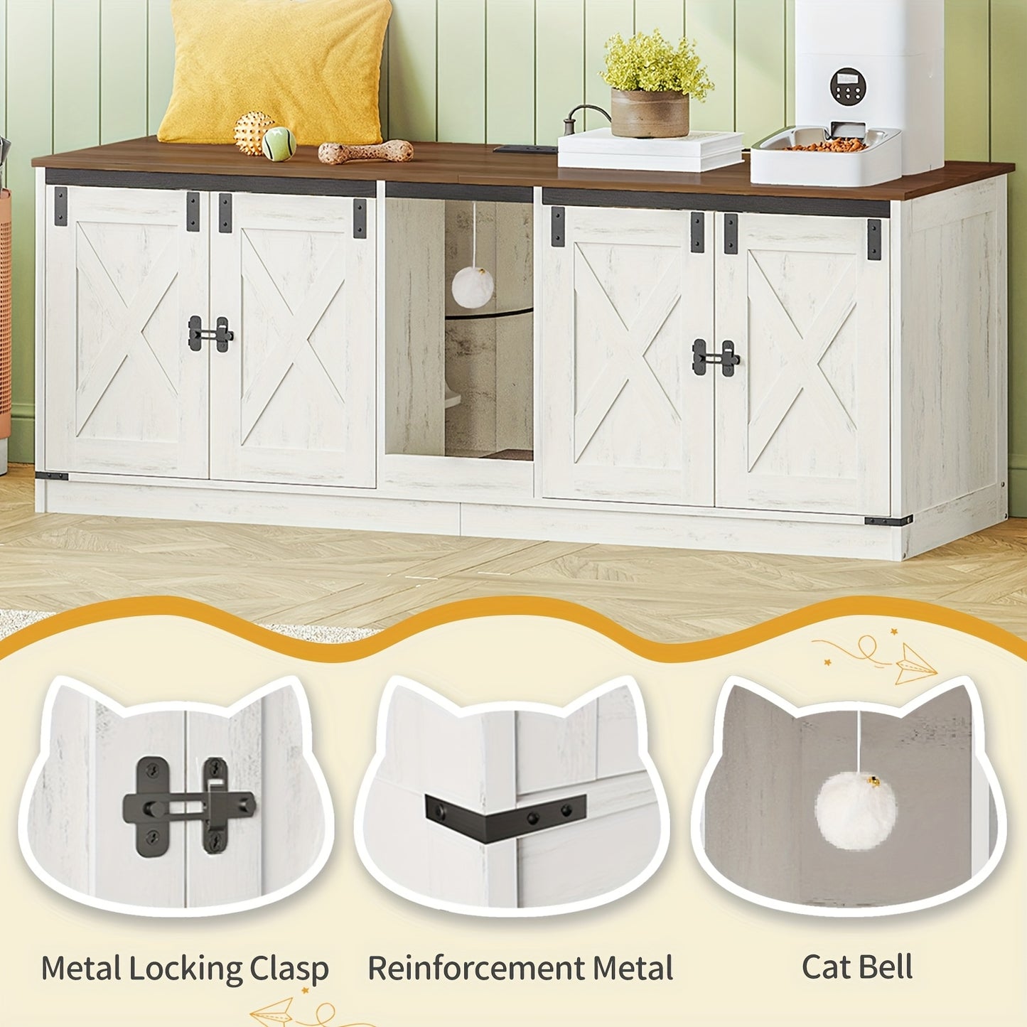 Kattenmeubel – Kattenkast – Kattenbakmeubel – Kattenhuis – Kattenbak Kast – Voor 2 Katten – Met Stopcontacten en USB-poorten – 140 cm – Bruin-Wit