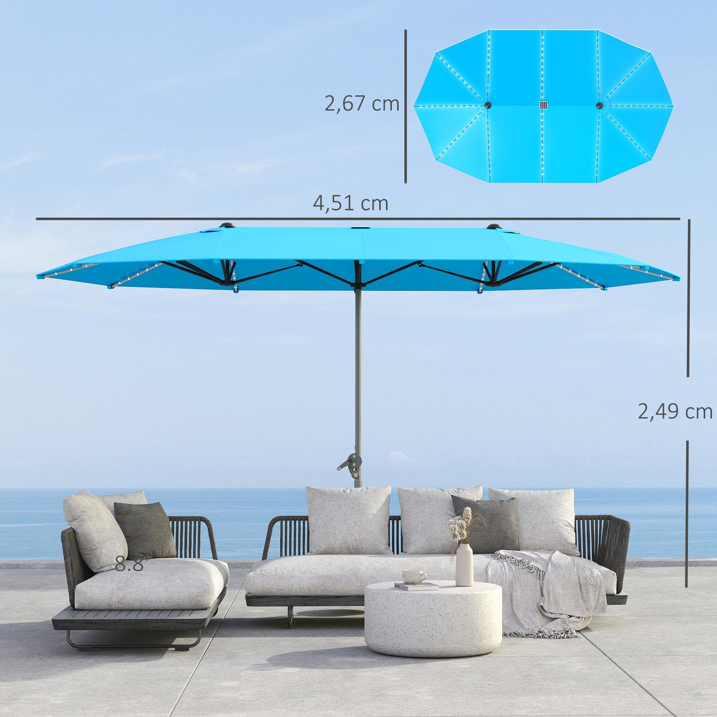 Dubbele Parasol – Tweepersoons Parasol – Terrasparasol – Zonneparasol – Tuinparasol – Blauw – UPF50+ UV-Bescherming – Zonne-LED Verlichting