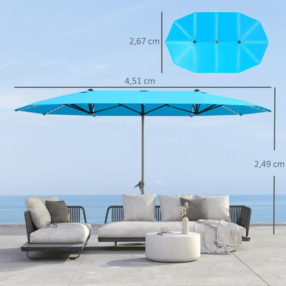 Dubbele Parasol – Tweepersoons Parasol – Terrasparasol – Zonneparasol – Tuinparasol – Blauw – UPF50+ UV-Bescherming – Zonne-LED Verlichting