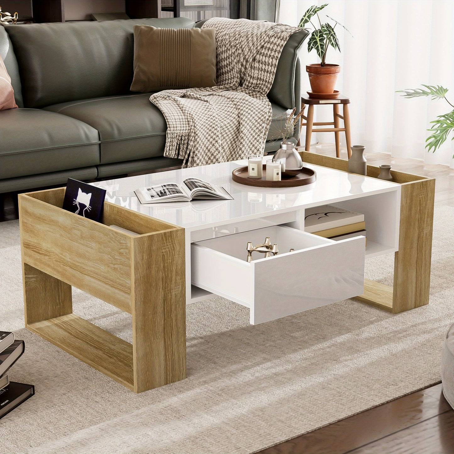 Salontafel – Koffietafel – Tafel – Woonkamertafel – Bijzettafel – Modern Wit + Khaki – 105 x 60 x 40 cm – Hoogglans Afwerking – Lade En Open Opbergruimte