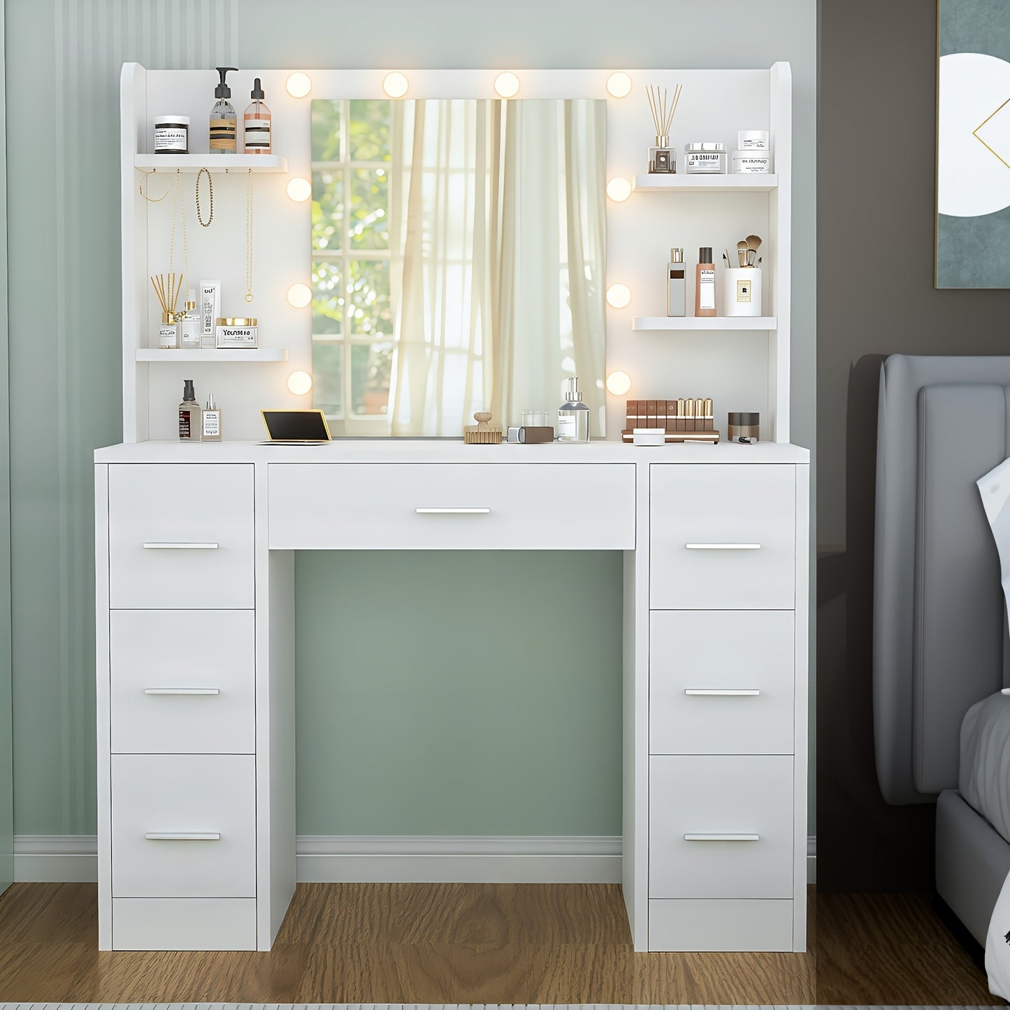 Make-up tafel – Kaptafel – Make-up tafel met LED – Schoonheidstafel – Make-up bureau – 10 instelbare LED-lampen – USB gevoed, compact formaat