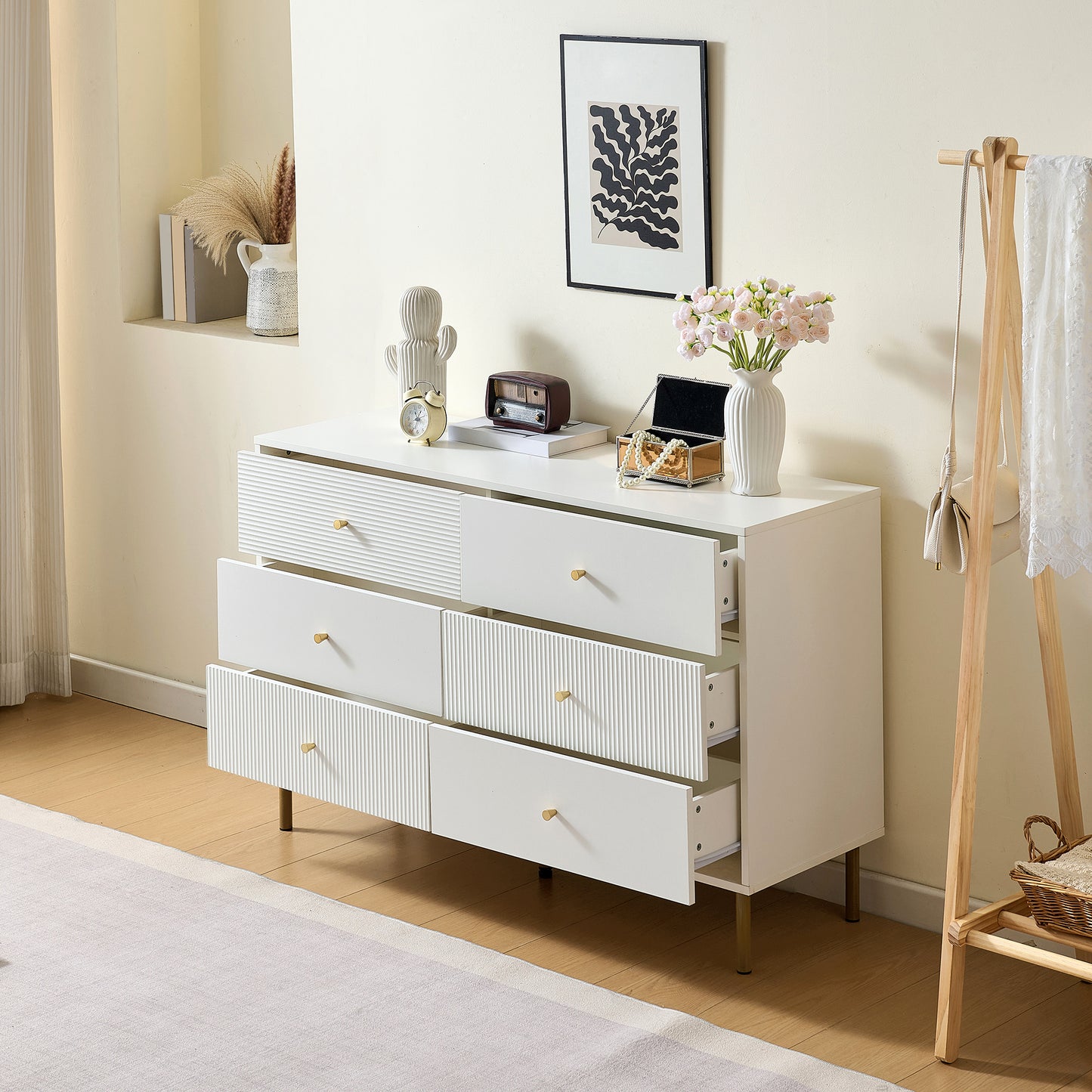 Commode – Ladekast – Dressoir – Opbergkast – Kast – Wit – 6 Lades – MDF Metalen Poten – Gouden Handgrepen – 120x40x78 cm