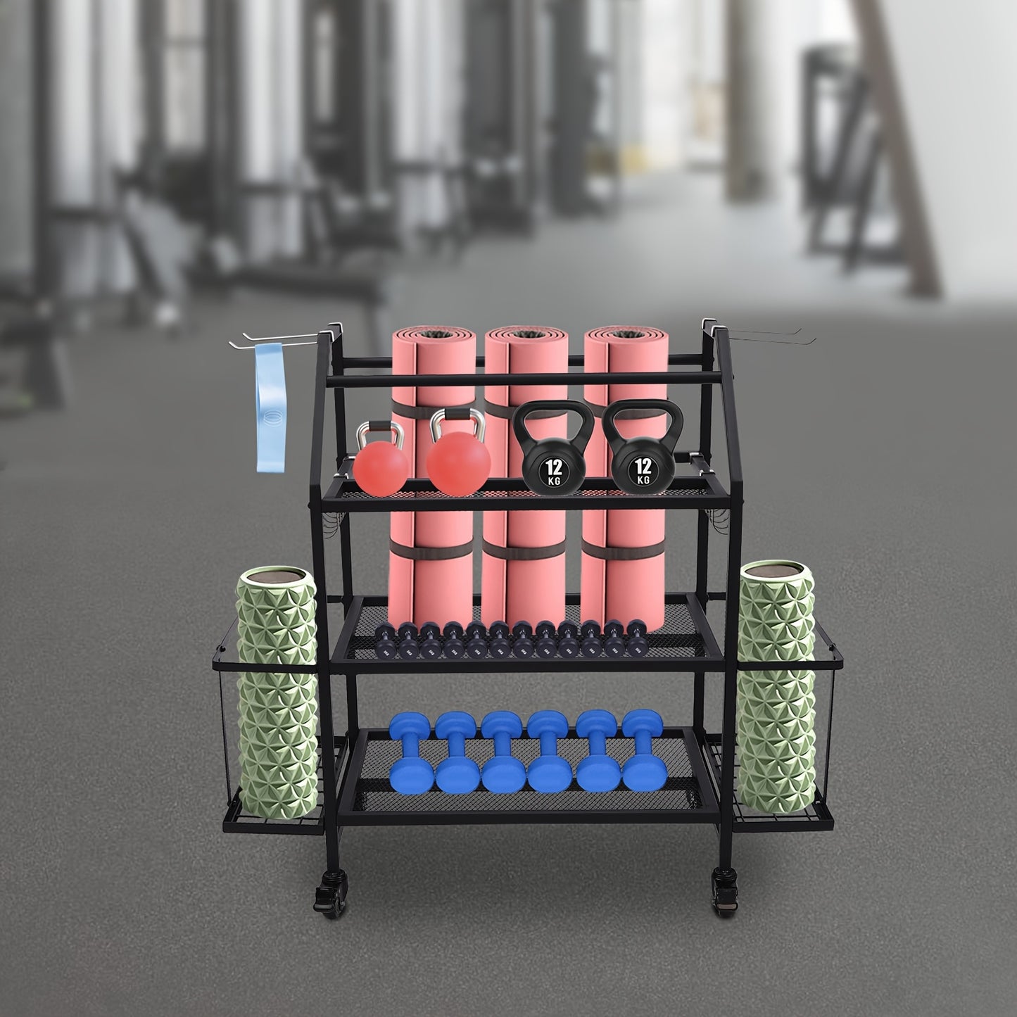Dumbbellrek – Halterrek – Fitnessrek – Gewichtenrek – Home Gym Organizer – Stalen 3-Laags Rek Met 4 Wielen – Zijhaken Voor Springtouwen en Handdoeken