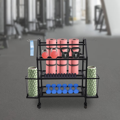 Dumbbellrek – Halterrek – Fitnessrek – Gewichtenrek – Home Gym Organizer – Stalen 3-Laags Rek Met 4 Wielen – Zijhaken Voor Springtouwen en Handdoeken