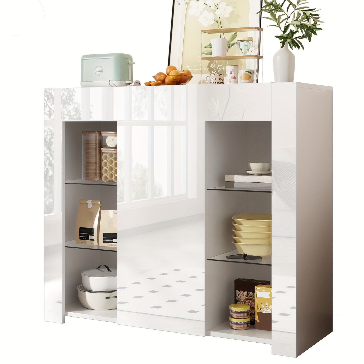 Modern Wit Kastje – Vrijstaand Dressoir – Opbergkast – Vitrinekast – Wandkast – Hoogglans Afwerking – Bamboe Met Glas – Compact 95x35x83 cm – Eenvoudig Te Monteren