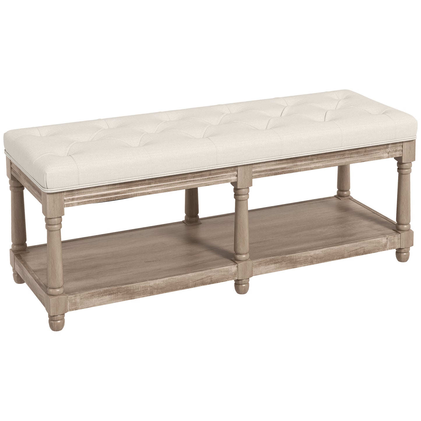 Schoenenbankje – Schoenenrek – Opbergbankje – Zitbankje – Halmeubel – Beige Linnen Bekleding – Massief Rubberhout – Comfortabel Zitten – 2-laags Opbergruimte 115 cm