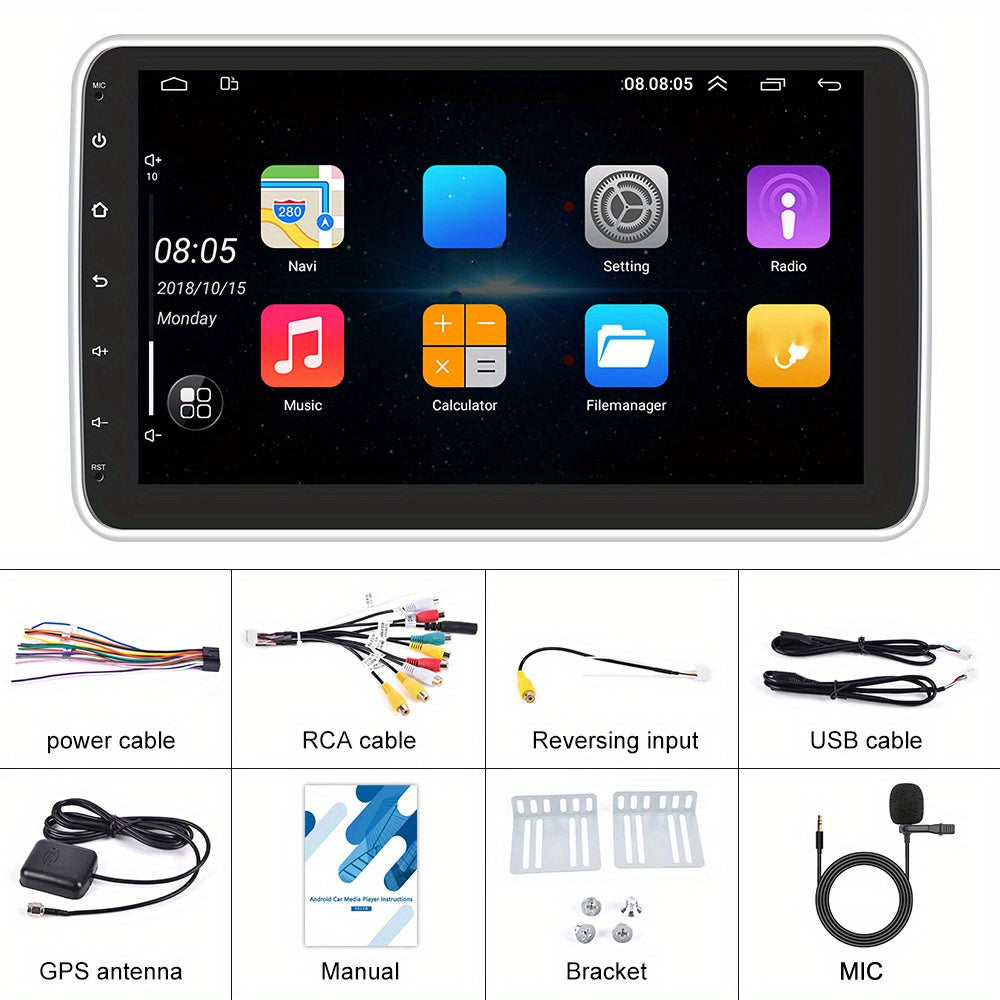 Autoradio Android – 1-DIN Auto Multimedia – Autoradio GPS Navigatie – Car Stereo Bluetooth – 10,1 Inch HD Draaibaar Scherm – Android 15 Systeem met WiFi en Achteruitrijcamera