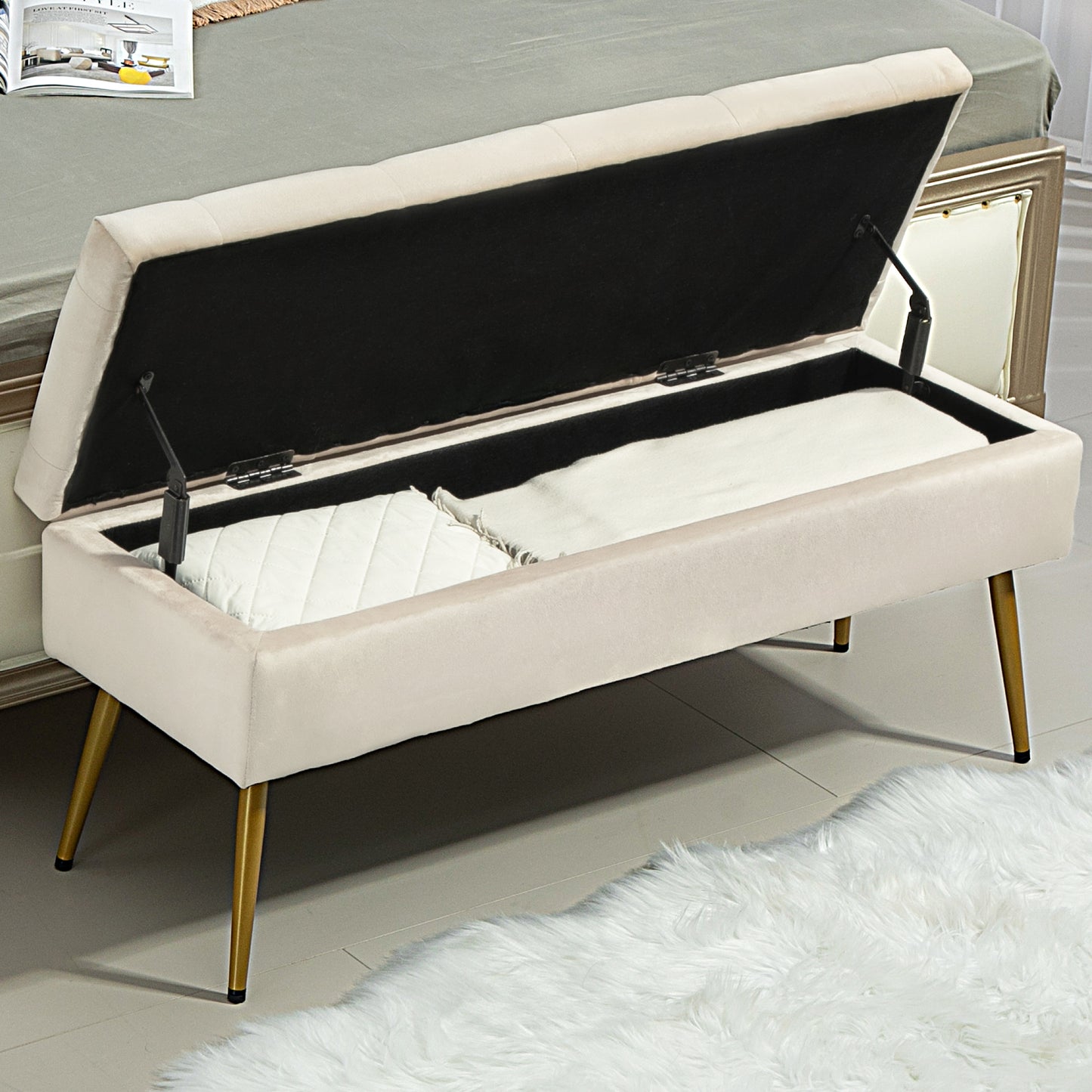 Opbergbank – Zitbank – Halbank – Opbergbox – Poef – Fluwelen Bekleding – Metalen Frame – 102x35x43 cm – Beige