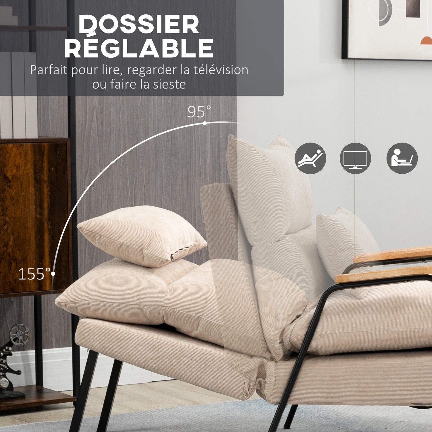 Relaxfauteuil – Lounge Fauteuil – Relaxstoel – Leunstoel – Beige Velours – Verstelbare Rugleuning Tot 155° – Zwarte Stalen Onderstel Met Hevea Houten Armleuningen