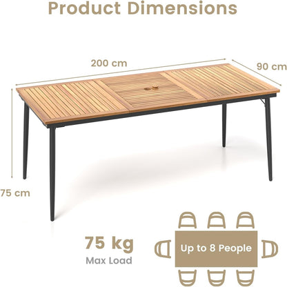 Tuintafel – Terrastafel – Houten Eettafel – Buiten Tafel – Acaciahouten Tafel – 8 Personen – Parasolgat & Metalen Poten