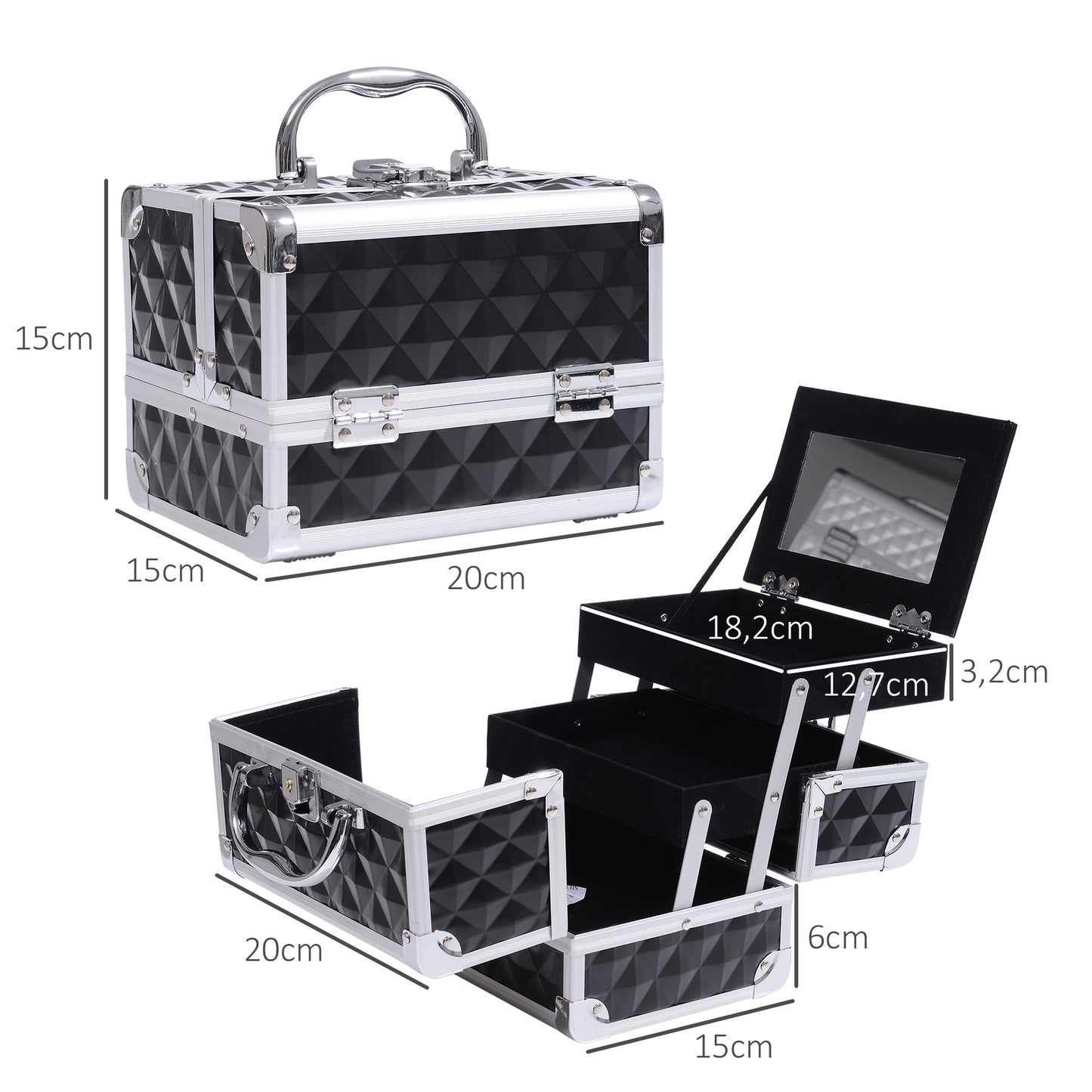 Make-upkoffer – Make-up trolley – Cosmetica koffer – Beautycase – Visagiekoffer – Aluminium frame – Uitklapbare 3-laags met slot en spiegel – Zwart – 20x15x15 cm
