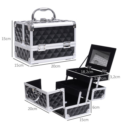 Make-upkoffer – Make-up trolley – Cosmetica koffer – Beautycase – Visagiekoffer – Aluminium frame – Uitklapbare 3-laags met slot en spiegel – Zwart – 20x15x15 cm