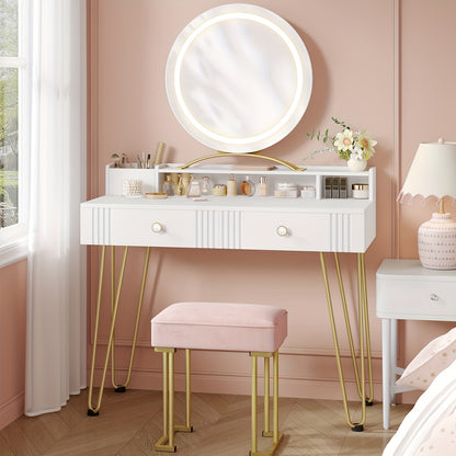 Make-up Tafel – Kaptafel – Dressoir – Make-up Bureau – Vanity – Mat Wit & Goud – LED Spiegel Met Verlichting – 40x90x140 cm – Inclusief Roze Krukje