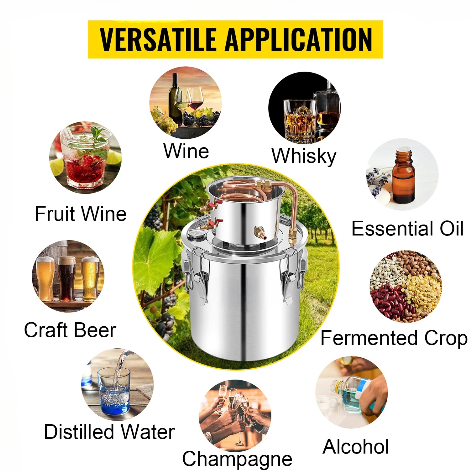 Vevor - Alcohol distillateur - Distilleerketel voor Alcohol - Destilleerapparaat Etherische Olie - Maak zelf Bier, Wijn of Sterke Drank - Fermentatie set - 50L - Zilver - QUORE