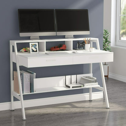 Bureau – Bureautafel – Computertafel – Werkplek – Schrijftafel – Wit Hout – Met Opbergruimte en Monitorstandaard – 120 cm Breed