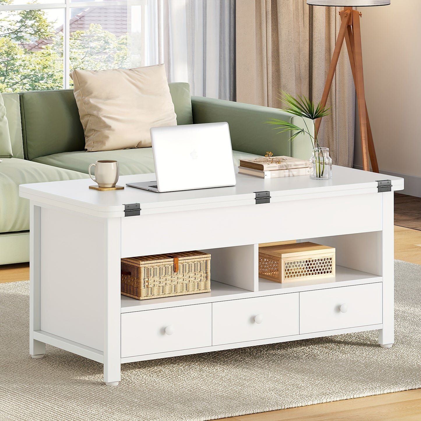 Salontafel – Koffietafel – Woonkamertafel – Opbergtafel – Verstelbare Tafel – 3 Lades & 2 Compartimenten – Hoogte Verstelbaar & Uitklapbaar Als Eettafel – Wit