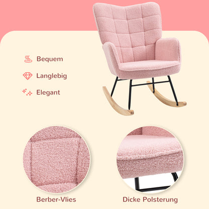Schommelstoel – Relaxstoel – Rocking Chair – Armstoel – Retro Fauteuil – Massief Houten Frame – Zachte Roze Bekleding – 98x71x101 cm