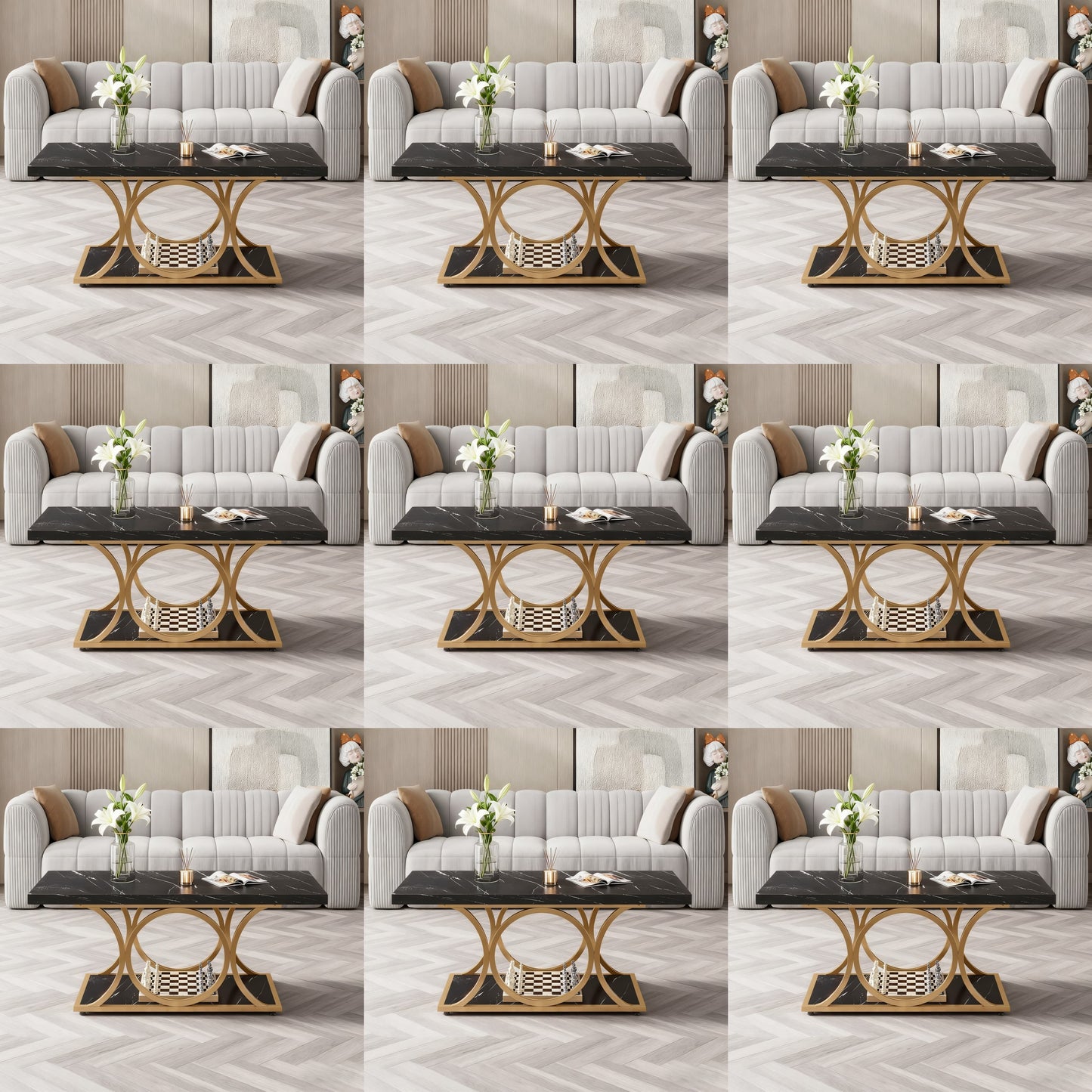 Salontafel – Koffietafel – Woonkamertafel – Bijzettafel – Tafel – Rechthoekig 120 cm – Zwart Faux Marmer Blad – Gouden Metalen Poten – 2 Niveaus Opbergruimte