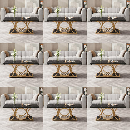 Salontafel – Koffietafel – Woonkamertafel – Bijzettafel – Tafel – Rechthoekig 120 cm – Zwart Faux Marmer Blad – Gouden Metalen Poten – 2 Niveaus Opbergruimte