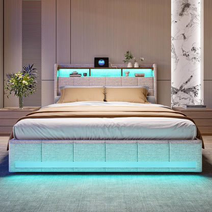 Tweepersoonsbed – Opbergbed – Linnen Bed – Led Bed – Gestoffeerd Bed – 160x200 cm – USB- en Type-C Oplaadpoorten – 4 Opberglades met Wieltjes