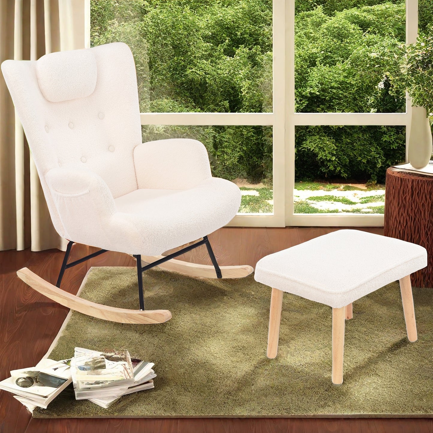 Fauteuil – Schommelstoel – Relaxstoel – Zithoekstoel – Lounge Fauteuil – Met Voetenbank – Memory Foam Zitting – Massief Houten Frame – Wit